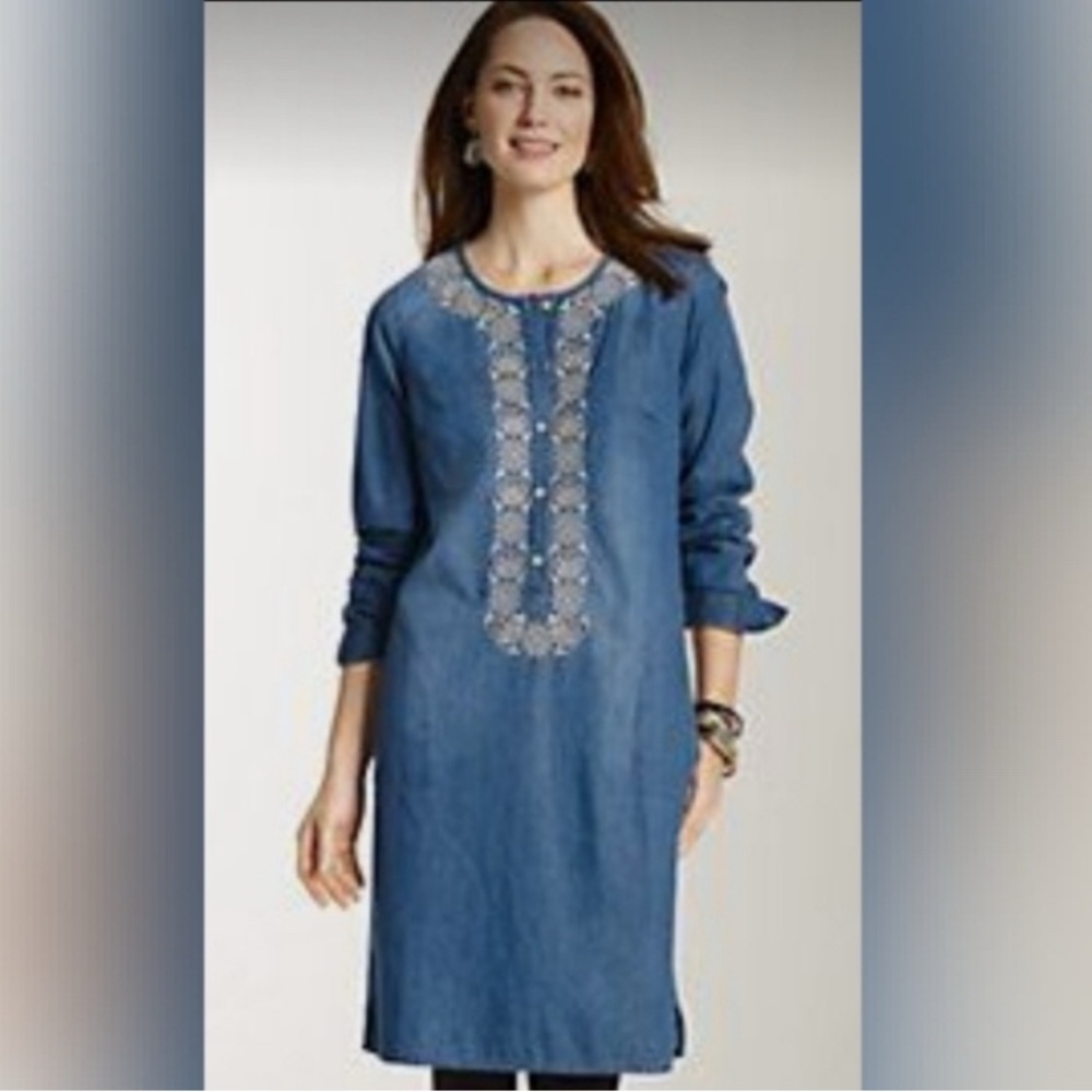 J. Jill Blue Long Sleeve Dress with Embroidery